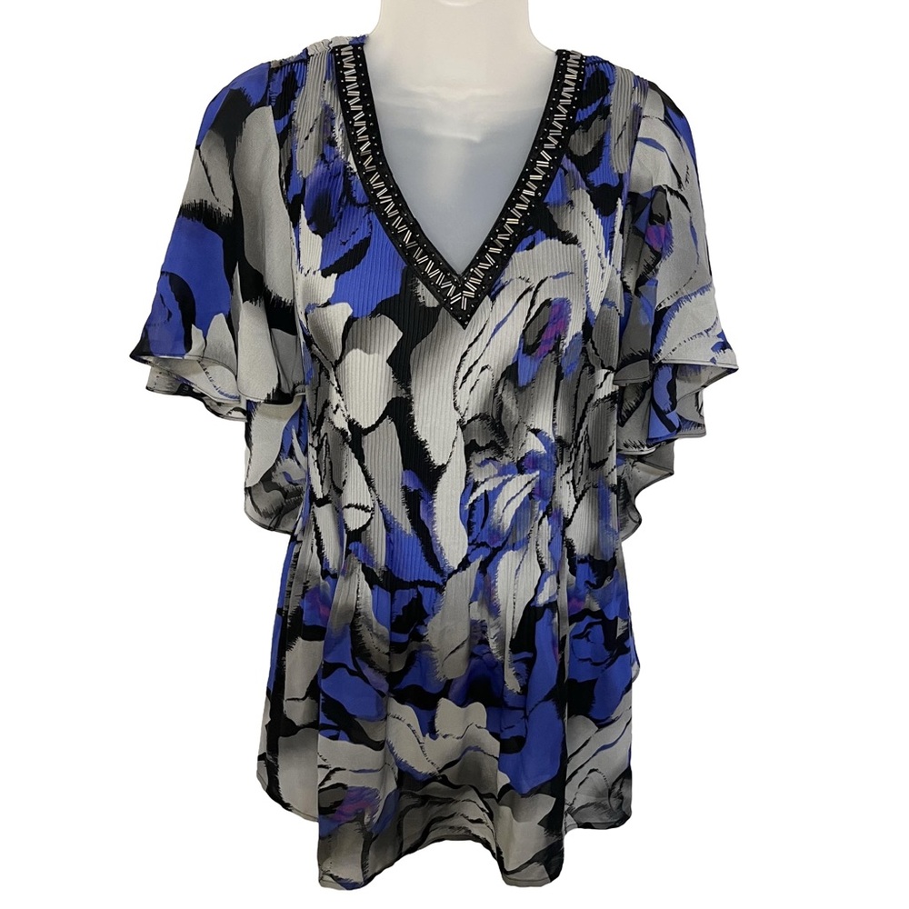 New Catherines Tunic 0X Blue Gray Floral Pleated Sheer Embellished Fairy Grunge